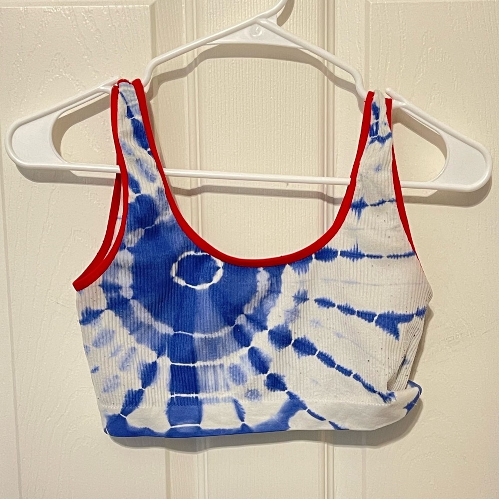 Red Sewn Edged Blue Tie-Dye Thermal Xl Lounge Bra Top